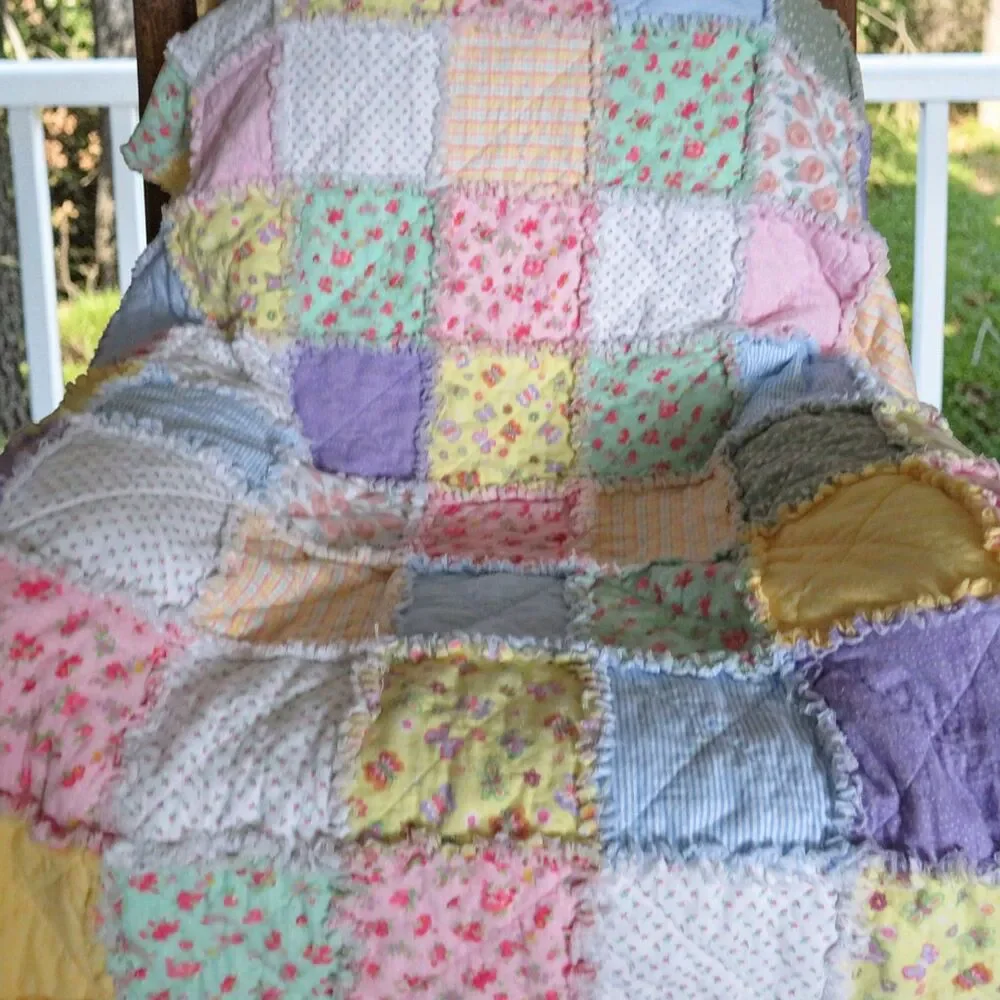 Flannel Rag Quilt With Batting, 50x64, Roses and Butterflies
